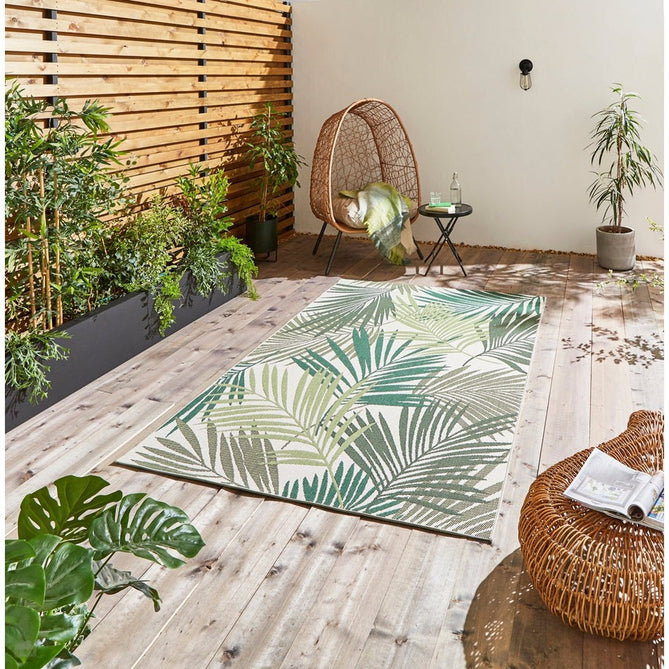 Miami 19433 Botanical Floral Palmate Durable Stain-Resistant Weatherproof Flatweave In-Outdoor Green/Light Beige Rug-Think Rugs-Rug Love - The Most Loved Rug Store
