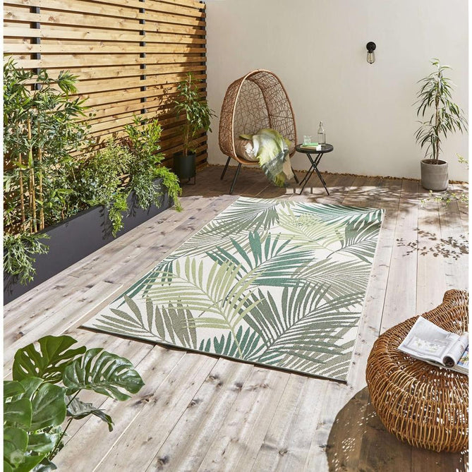 Miami 19433 Botanical Floral Palmate Durable Stain-Resistant Weatherproof Flatweave In-Outdoor Green/Light Beige Rug-Think Rugs-Rug Love - The Most Loved Rug Store
