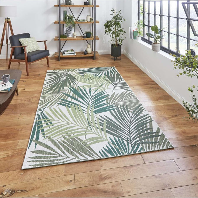 Miami 19433 Botanical Floral Palmate Durable Stain-Resistant Weatherproof Flatweave In-Outdoor Green/Light Beige Rug-Think Rugs-Rug Love - The Most Loved Rug Store