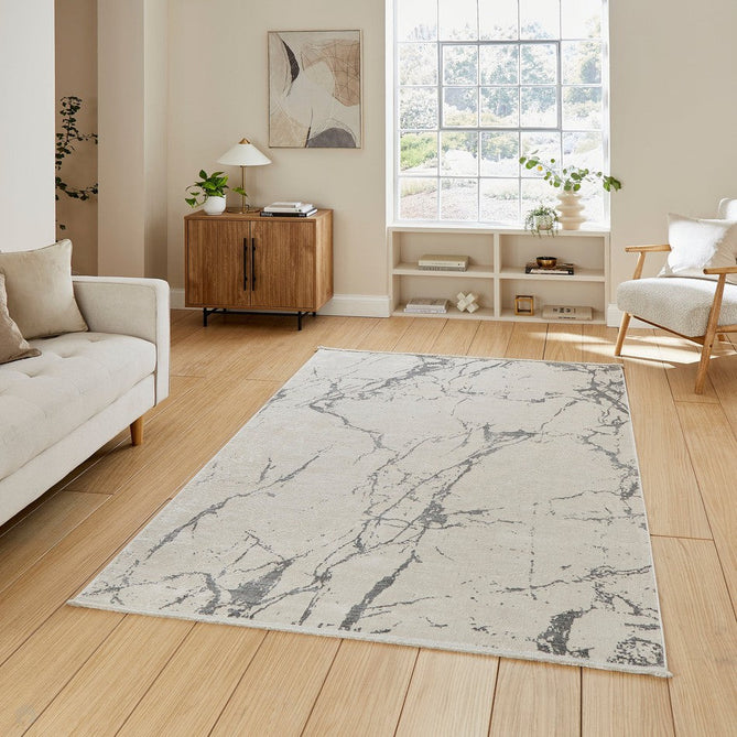 Mirage MR15 Modern Abstract Distressed Metallic Shimmer Soft Textured High-Density Polyester/Viscose Mix Low Profile Short Pile Grey/Cream Rug-Think Rugs-Rug Love - The Most Loved Rug Store