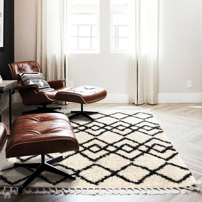 Morocco Modern Moroccan Berber Geometric Plush Soft Boho Shaggy Tassel Ivory/Charcoal Rug-Origins-Rug Love - The Most Loved Rug Store