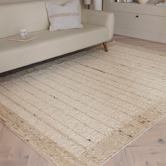 Napa Ladder Modern Plain Subtle Stripe Border Organic Hand-Woven Textured Wool Loop Pile Natural Beige/Sandstone Rug
