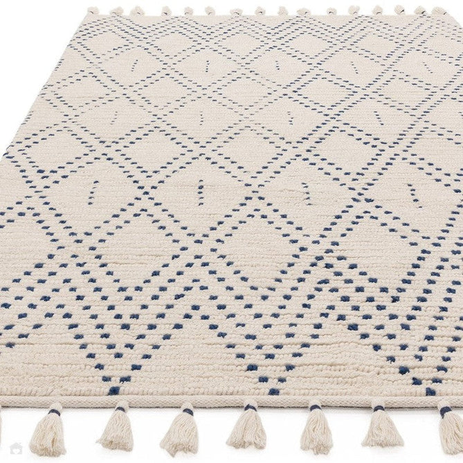 Nepal Diamond Modern Moroccan Berber Geometric Hand-Woven Ribbed Textured Low-Profile Wool Loop Pile Cream/Blue Rug-Asiatic Carpets-Rug Love - The Most Loved Rug Store