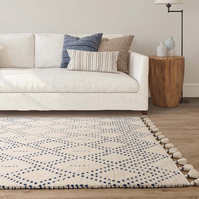 Nepal Diamond Moroccan Berber Boho Geometric Hand-Woven Ribbed Textured Wool Flatweave Cream/Blue Rug-Asiatic Carpets-Rug Love - The Most Loved Rug Store