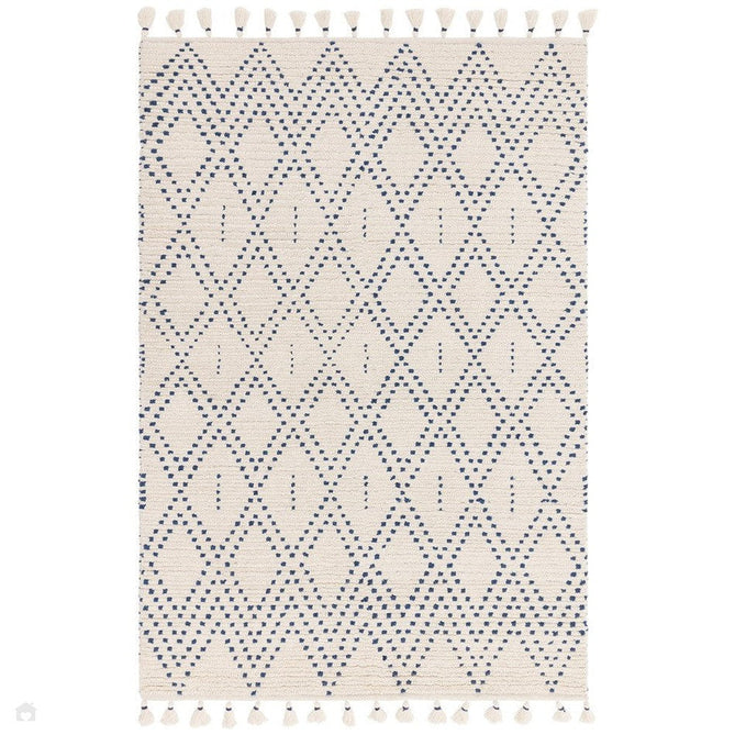 Nepal Diamond Moroccan Berber Boho Geometric Hand-Woven Ribbed Textured Wool Flatweave Cream/Blue Rug-Asiatic Carpets-Rug Love - The Most Loved Rug Store
