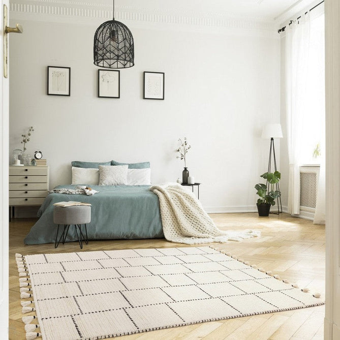 Nepal Tile Moroccan Berber Boho Geometric Hand-Woven Ribbed Textured Wool Flatweave Cream/Black Rug-Asiatic Carpets-Rug Love - The Most Loved Rug Store