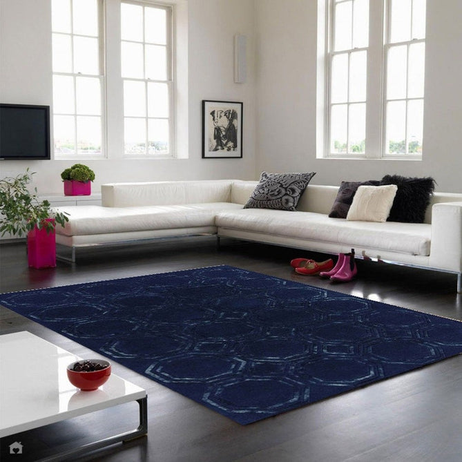 Nexus Octagon Modern Geometric High-Density Heavyweight Hand-Carved Wool&Viscose OC04 Navy Rug-Asiatic Carpets-Rug Love - The Most Loved Rug Store