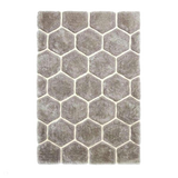 Noble House NH30782 Plush Geometric 3D Hexagon Hand-Carved High-Density Acrylic Shaggy Grey/White Rug