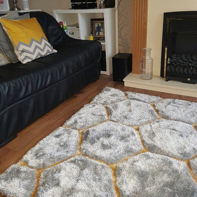 Noble House NH30782 Plush Geometric 3D Hexagon Hand-Carved High-Density Acrylic Shaggy Grey/Yellow Rug-Think Rugs-Rug Love - The Most Loved Rug Store