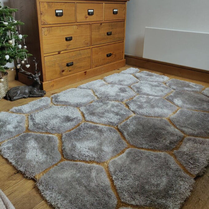 Noble House NH30782 Plush Geometric 3D Hexagon Hand-Carved High-Density Acrylic Shaggy Grey/Yellow Rug-Think Rugs-Rug Love - The Most Loved Rug Store