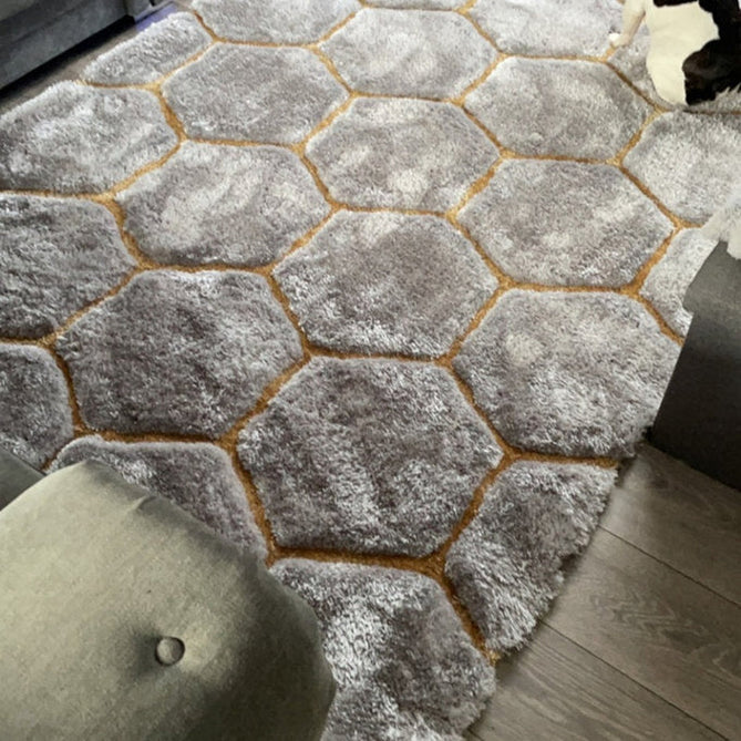 Noble House NH30782 Plush Geometric 3D Hexagon Hand-Carved High-Density Acrylic Shaggy Grey/Yellow Rug-Think Rugs-Rug Love - The Most Loved Rug Store