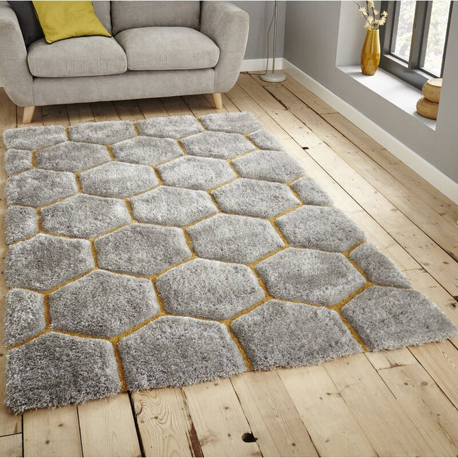 Noble House NH30782 Plush Geometric 3D Hexagon Hand-Carved High-Density Acrylic Shaggy Grey/Yellow Rug-Think Rugs-Rug Love - The Most Loved Rug Store