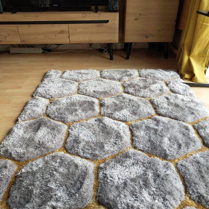 Noble House NH30782 Plush Geometric 3D Hexagon Hand-Carved High-Density Acrylic Shaggy Grey/Yellow Rug-Think Rugs-Rug Love - The Most Loved Rug Store