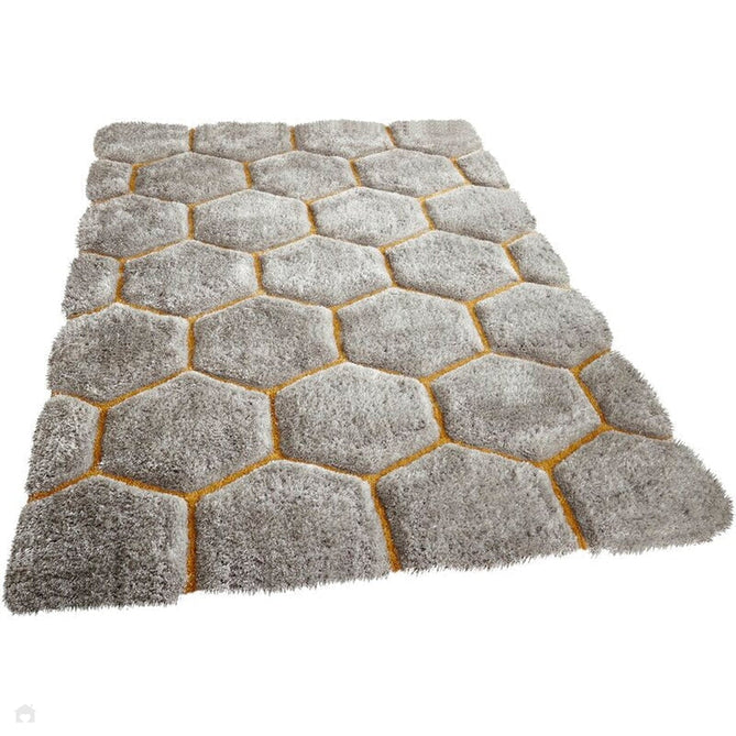 Noble House NH30782 Plush Geometric 3D Hexagon Hand-Carved High-Density Acrylic Shaggy Grey/Yellow Rug-Think Rugs-Rug Love - The Most Loved Rug Store