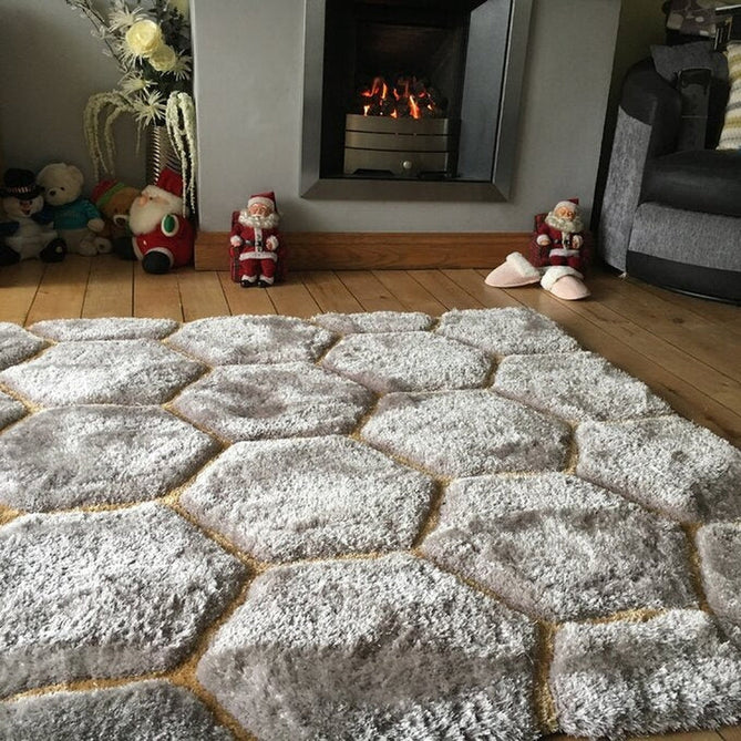 Noble House NH30782 Plush Geometric 3D Hexagon Hand-Carved High-Density Acrylic Shaggy Grey/Yellow Rug-Think Rugs-Rug Love - The Most Loved Rug Store