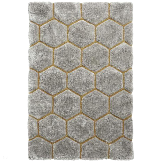 Noble House NH30782 Plush Geometric 3D Hexagon Hand-Carved High-Density Acrylic Shaggy Grey/Yellow Rug-Think Rugs-Rug Love - The Most Loved Rug Store
