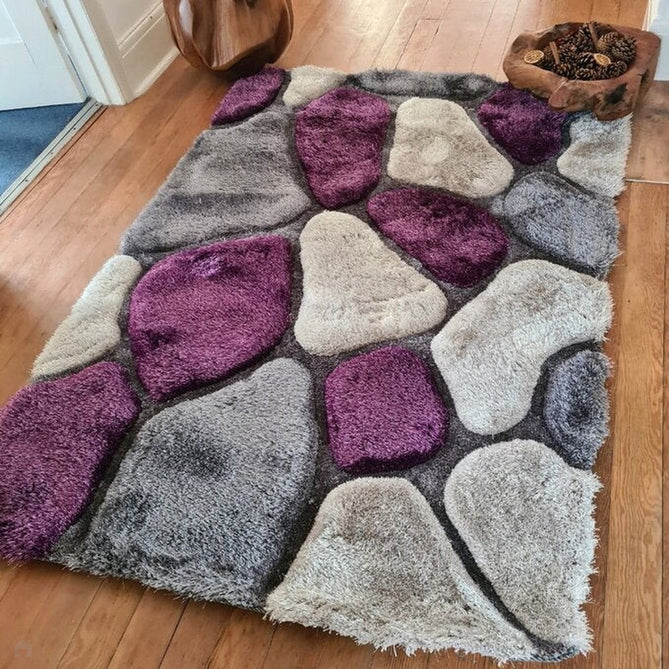 Noble House NH5858 Plush Geometric 3D Pebbles Hand-Carved High-Density Acrylic Shaggy Grey/Purple Rug-Think Rugs-Rug Love - The Most Loved Rug Store