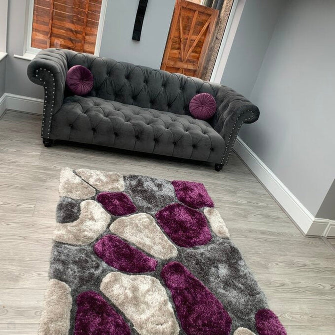 Noble House NH5858 Plush Geometric 3D Pebbles Hand-Carved High-Density Acrylic Shaggy Grey/Purple Rug-Think Rugs-Rug Love - The Most Loved Rug Store