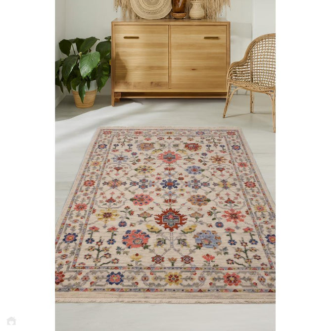 Nomad Floral Traditional Persian Floral Medallion Border Textured Low-Profile Wool Blend Loop Pile Ivory/Multicolour Rug-Melrose-Rug Love - The Most Loved Rug Store