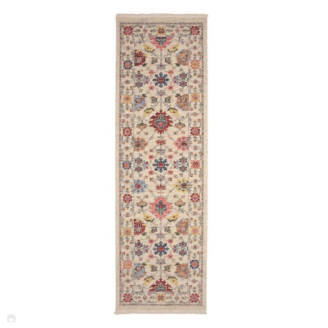 Nomad Floral Traditional Persian Floral Medallion Border Textured Low-Profile Wool Blend Loop Pile Ivory/Multicolour Rug-Melrose-Rug Love - The Most Loved Rug Store