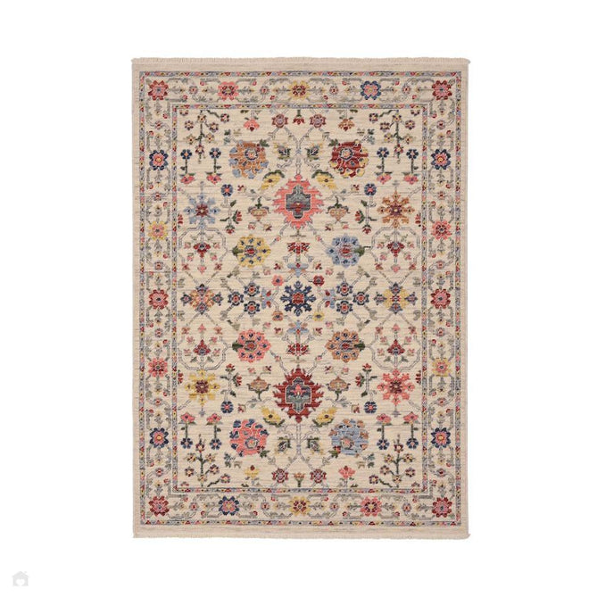 Nomad Floral Traditional Persian Floral Medallion Border Textured Low-Profile Wool Blend Loop Pile Ivory/Multicolour Rug-Melrose-Rug Love - The Most Loved Rug Store