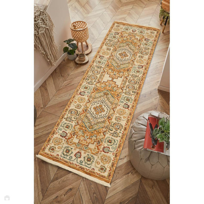 Nomad Traditional Persian Geometric Medallion Floral Border Textured Low-Profile Wool Blend Loop Pile Terracotta/Multicolour Rug-Melrose-Rug Love - The Most Loved Rug Store