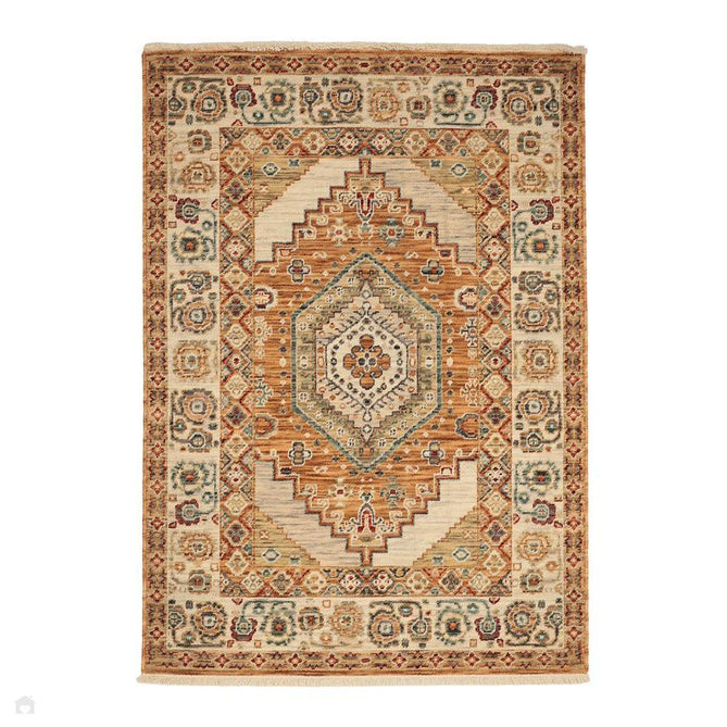 Nomad Traditional Persian Geometric Medallion Floral Border Textured Low-Profile Wool Blend Loop Pile Terracotta/Multicolour Rug-Melrose-Rug Love - The Most Loved Rug Store