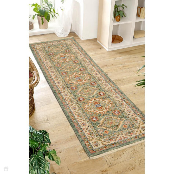 Nomad Vintage Traditional Persian Geometric Medallion Floral Border Low-Profile Wool Blend Loop Pile Green/Multicolour Runner-Melrose-Rug Love - The Most Loved Rug Store