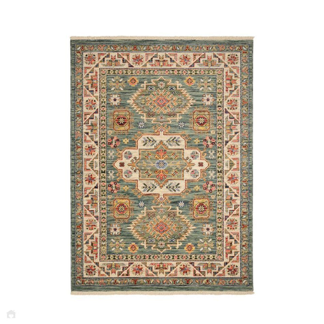 Nomad Vintage Traditional Persian Geometric Medallion Floral Border Low-Profile Wool Blend Loop Pile Green/Multicolour Runner-Melrose-Rug Love - The Most Loved Rug Store