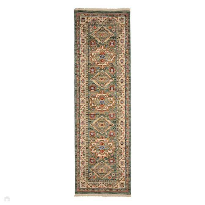 Nomad Vintage Traditional Persian Geometric Medallion Floral Border Low-Profile Wool Blend Loop Pile Green/Multicolour Runner-Melrose-Rug Love - The Most Loved Rug Store