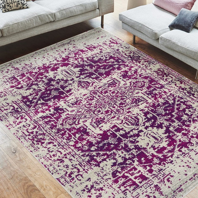 Nova NV08 Antique Traditional Medallion Border Durable Easy-Care Polypropylene Short Pile Fuchsia/Cream/Grey Rug-Asiatic Carpets-Rug Love - The Most Loved Rug Store