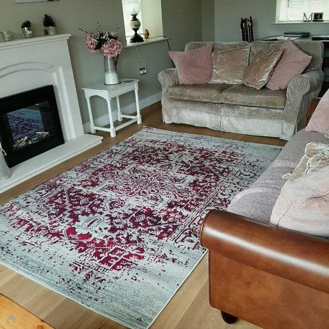 Nova NV08 Antique Traditional Medallion Border Durable Easy-Care Short Pile Fuchsia/Cream/Grey Rug 160 x 230 cm-Shop Returns-Rug Love - The Most Loved Rug Store