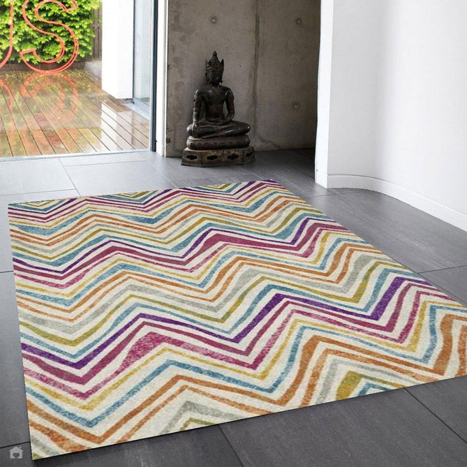 Nova NV21 Rhythm Modern Abstract Zig Zag Durable Easy-Care Polypropylene Short Pile Pink/Orange/Yellow/Green/Blue/Purple/Multicolour Rug-Asiatic Carpets-Rug Love - The Most Loved Rug Store