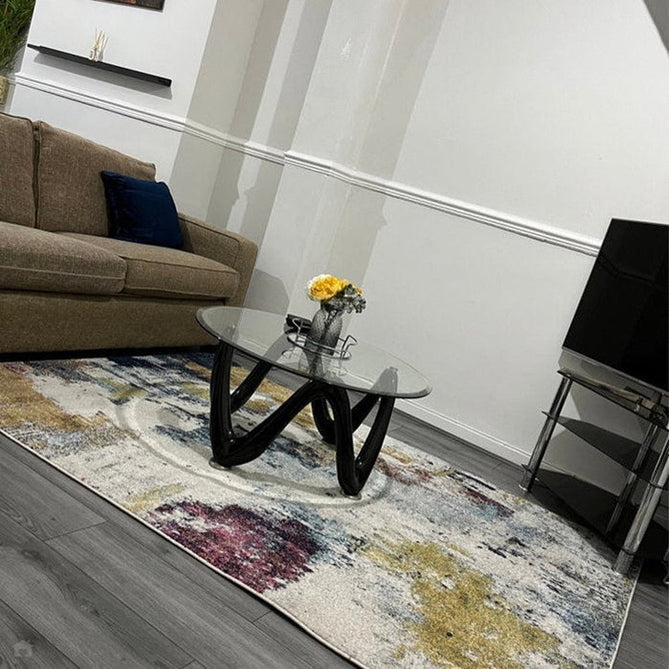 Nova NV22 Abstract Modern Abstract Durable Easy-Care Polypropylene Short Pile Mustard/Blue/Cream/Purple/Multicolour Rug-Asiatic Carpets-Rug Love - The Most Loved Rug Store