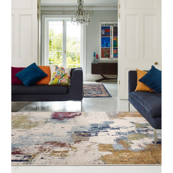 Nova NV22 Abstract Modern Abstract Durable Easy-Care Polypropylene Short Pile Mustard/Blue/Cream/Purple/Multicolour Rug-Asiatic Carpets-Rug Love - The Most Loved Rug Store