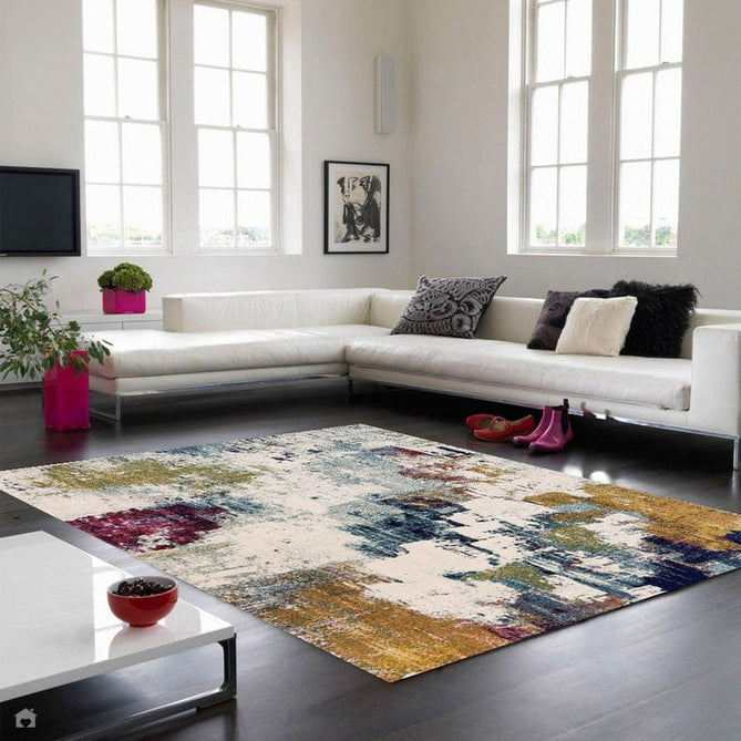 Nova NV22 Abstract Modern Abstract Durable Easy-Care Polypropylene Short Pile Mustard/Blue/Cream/Purple/Multicolour Rug-Asiatic Carpets-Rug Love - The Most Loved Rug Store