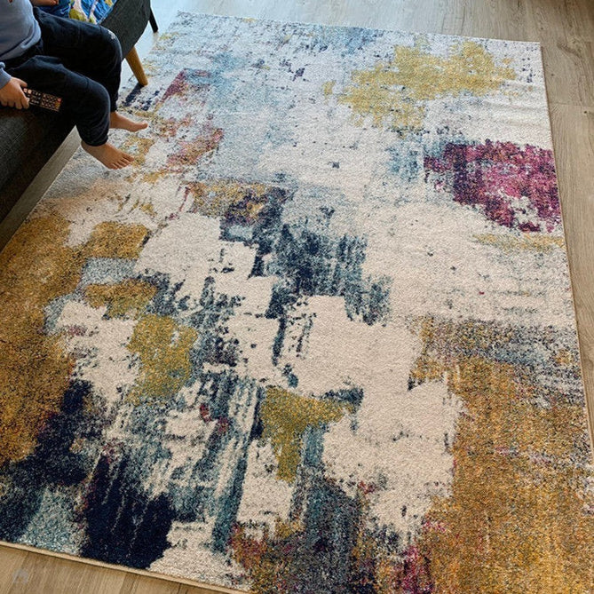Nova NV22 Abstract Modern Abstract Durable Easy-Care Polypropylene Short Pile Mustard/Blue/Cream/Purple/Multicolour Rug-Asiatic Carpets-Rug Love - The Most Loved Rug Store
