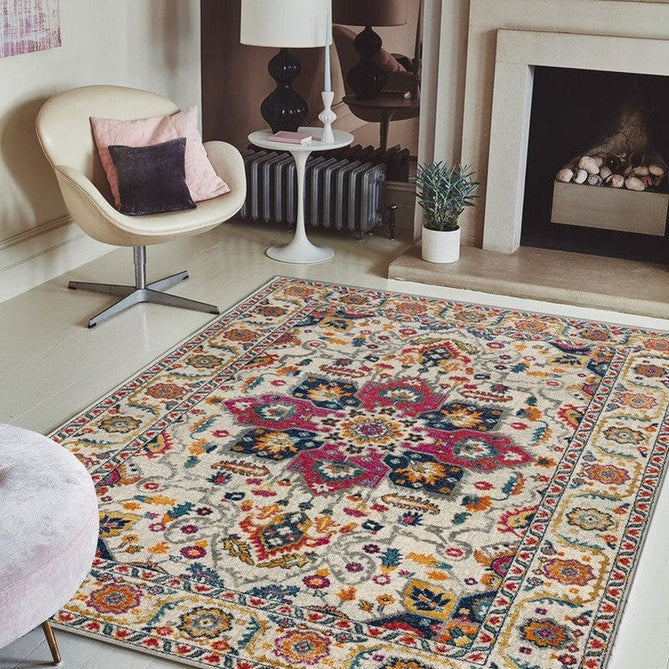 Nova NV24 Persian Traditional Medallion Border Durable Easy-Care Polypropylene Short Pile White/Multicolour Rug-Asiatic Carpets-Rug Love - The Most Loved Rug Store