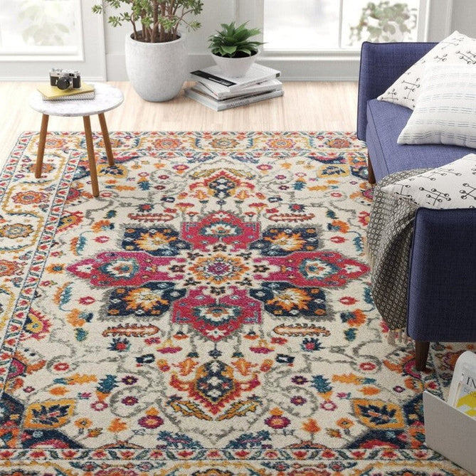 Nova NV24 Persian Traditional Medallion Border Durable Easy-Care Polypropylene Short Pile White/Multicolour Rug-Asiatic Carpets-Rug Love - The Most Loved Rug Store