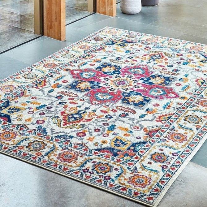 Nova NV24 Persian Traditional Medallion Border Durable Easy-Care Polypropylene Short Pile White/Multicolour Rug-Asiatic Carpets-Rug Love - The Most Loved Rug Store