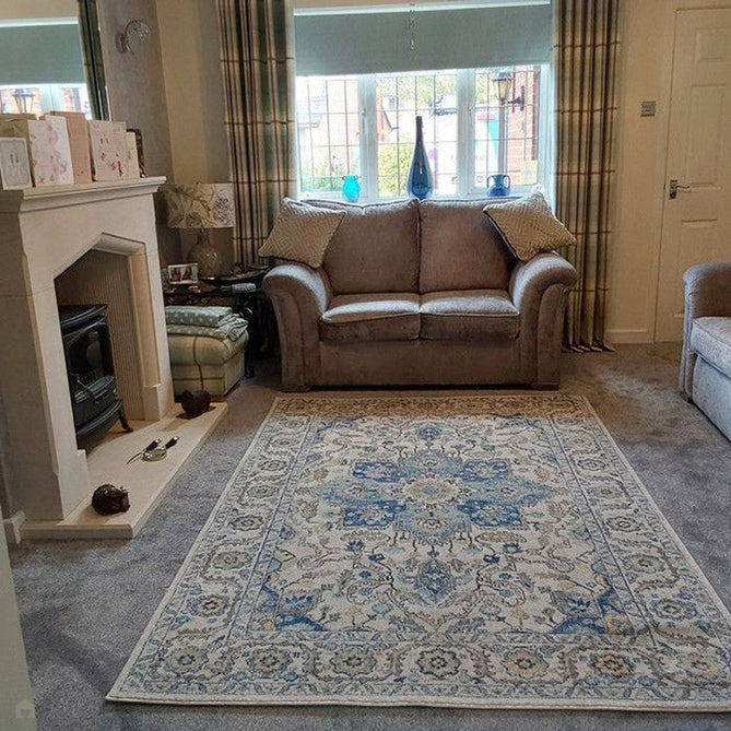 Nova NV25 Persian Traditional Medallion Border Durable Easy-Care Polypropylene Short Pile Blue/Cream/Yellow Rug-Asiatic Carpets-Rug Love - The Most Loved Rug Store