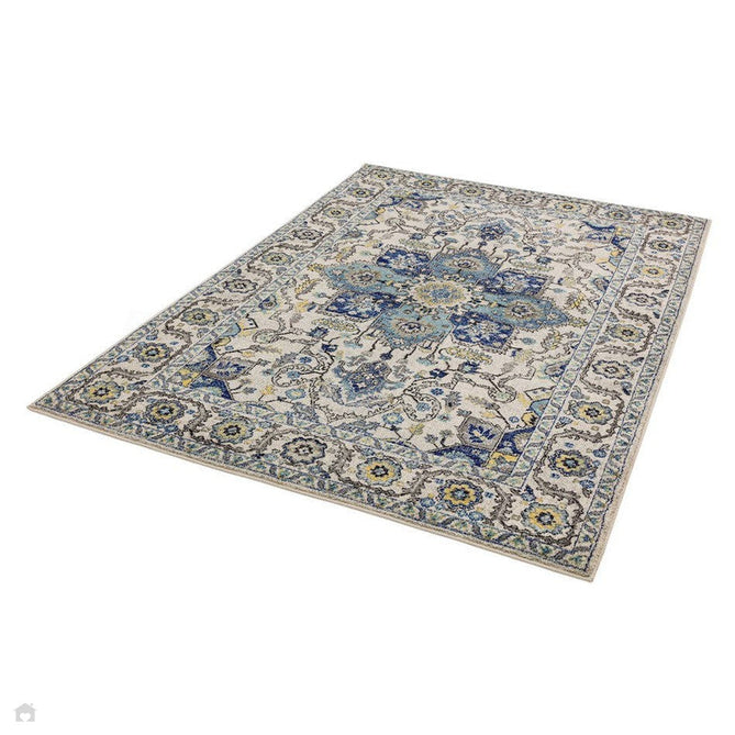 Nova NV25 Persian Traditional Medallion Border Durable Easy-Care Polypropylene Short Pile Blue/Cream/Yellow Rug-Asiatic Carpets-Rug Love - The Most Loved Rug Store