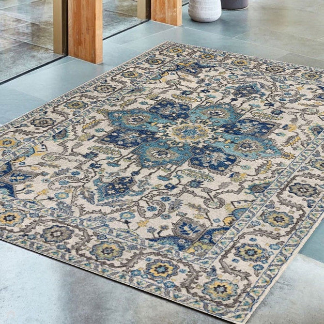 Nova NV25 Persian Traditional Medallion Border Durable Easy-Care Polypropylene Short Pile Blue/Cream/Yellow Rug-Asiatic Carpets-Rug Love - The Most Loved Rug Store