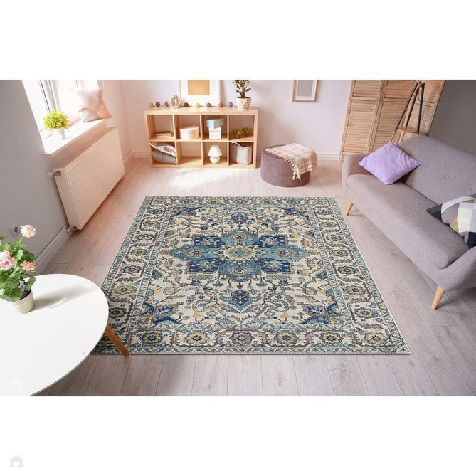 Nova NV25 Persian Traditional Medallion Border Durable Easy-Care Polypropylene Short Pile Blue/Cream/Yellow Rug-Asiatic Carpets-Rug Love - The Most Loved Rug Store