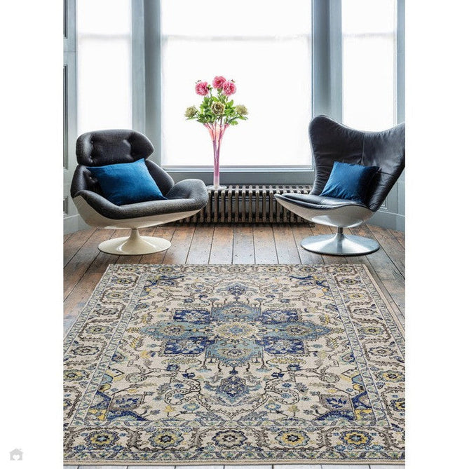 Nova NV25 Persian Traditional Medallion Border Durable Easy-Care Polypropylene Short Pile Blue/Cream/Yellow Rug-Asiatic Carpets-Rug Love - The Most Loved Rug Store