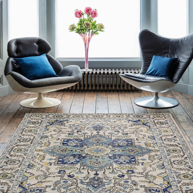 Nova NV25 Persian Traditional Medallion Border Durable Easy-Care Polypropylene Short Pile Blue/Cream/Yellow Rug-Asiatic Carpets-Rug Love - The Most Loved Rug Store