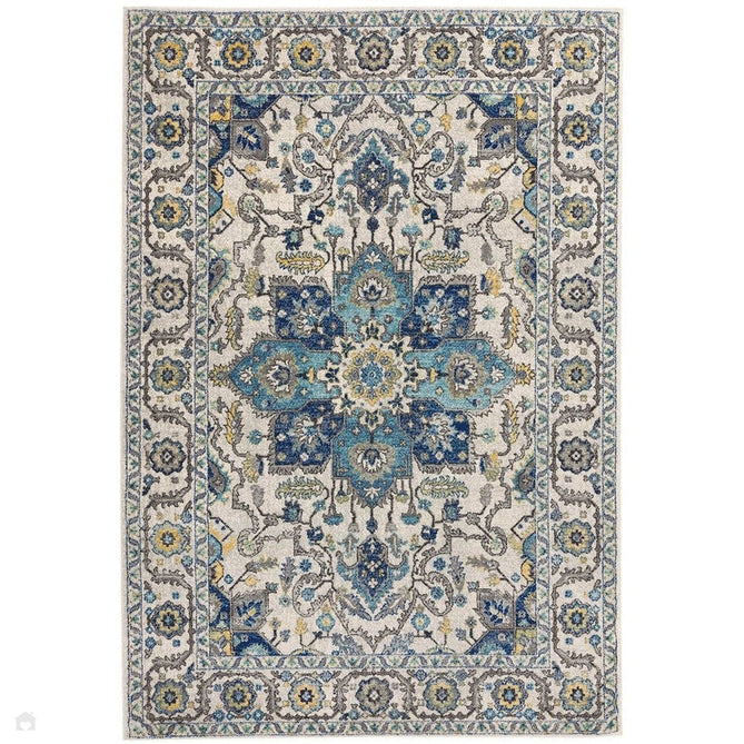 Nova NV25 Persian Traditional Medallion Border Durable Easy-Care Polypropylene Short Pile Blue/Cream/Yellow Rug-Asiatic Carpets-Rug Love - The Most Loved Rug Store
