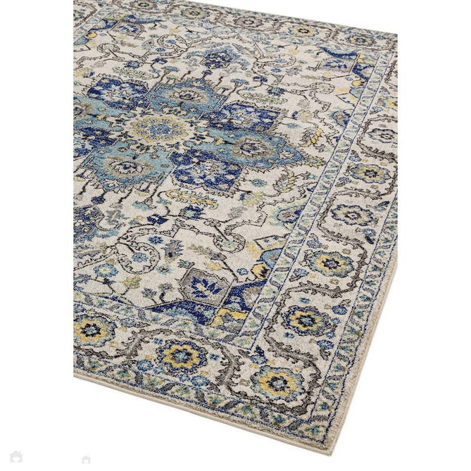 Nova NV25 Persian Traditional Medallion Border Durable Easy-Care Polypropylene Short Pile Blue/Cream/Yellow Rug-Asiatic Carpets-Rug Love - The Most Loved Rug Store