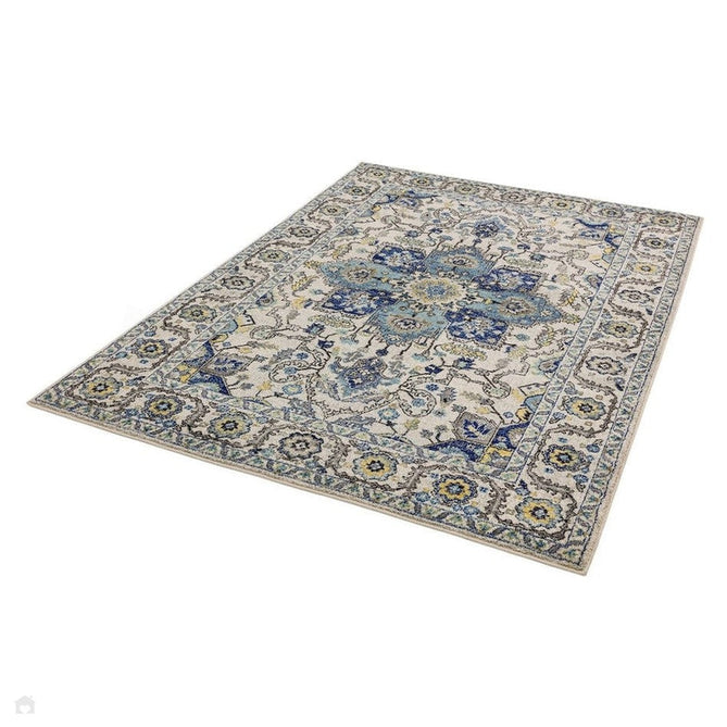 Nova NV25 Persian Traditional Medallion Border Durable Easy-Care Polypropylene Short Pile Blue/Cream/Yellow Rug-Asiatic Carpets-Rug Love - The Most Loved Rug Store