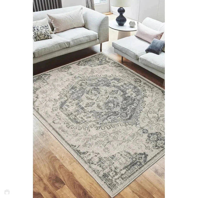 Nova NV26 Medallion Traditional Border Durable Easy-Care Polypropylene Short Pile Ivory/Grey Rug-Asiatic Carpets-Rug Love - The Most Loved Rug Store